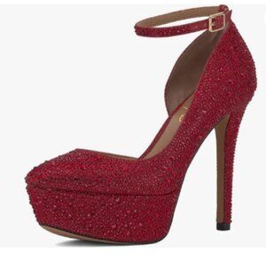 XYD Red Gorgeous Rhinestones Ankle Strap Pump Platform High Heel Pointe Toe Shoe